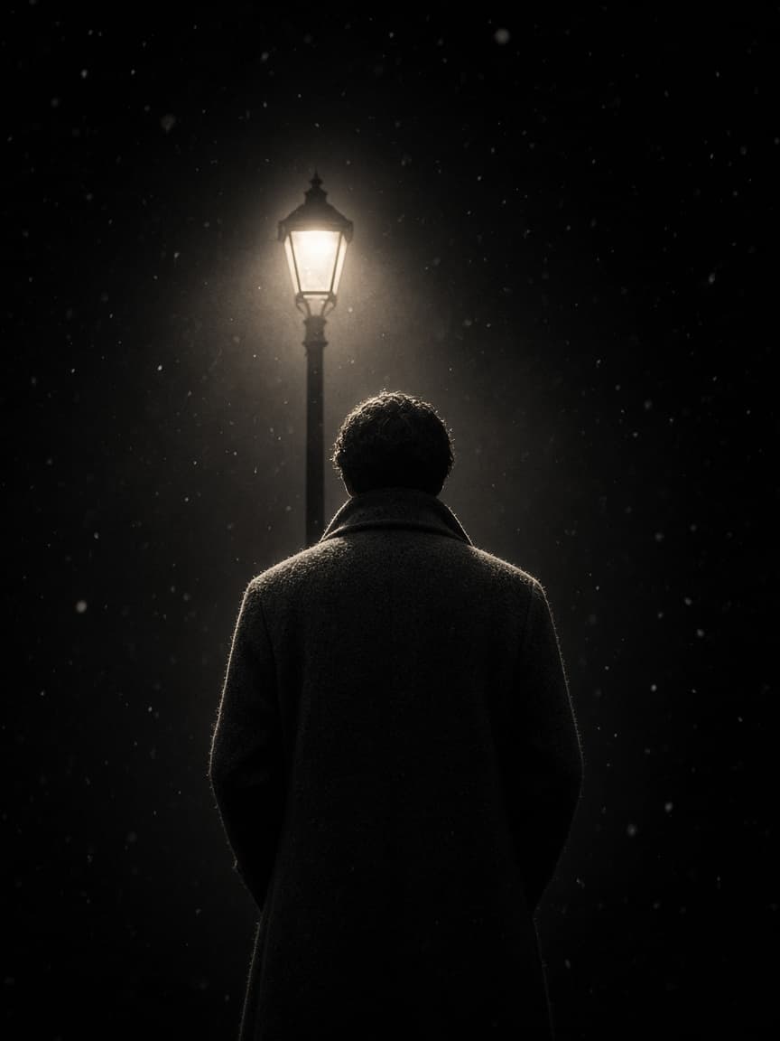 Typewriter: a figure in a long coat seen from behind under a streetlight in falling snow.